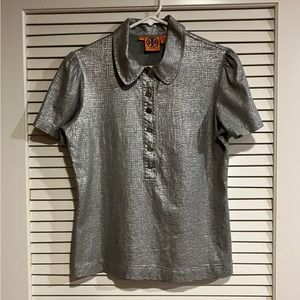 Tory Burch Silver Shimmer Blouse Top Collared Logo Buttons Short Sleeve